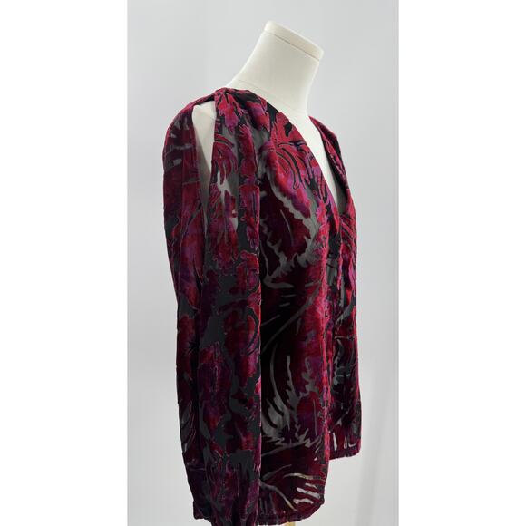 Mika Mindel Burn out Velvet Devore Red Black Long Sleeve Top S Goth Dark Witchy - Picture 2 of 9